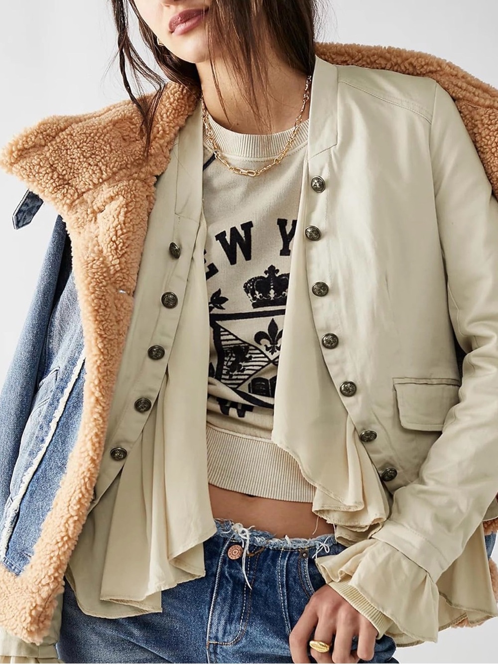 Women's Beige Ruffle-Front Military-Style Jacket - Picture 6 of 6